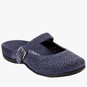 Vionic Lidia Women's Laser-cut Leather Slip-on Supportive Adjustable Mule Navy